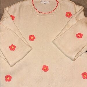 Cream Floral-Appliqué Sweater with coral colored flowers